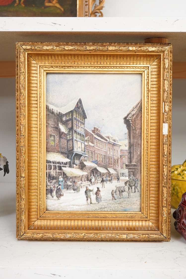 Emily Hay (1850-1900), ‘Butcher's Row, Shrewsbury 1883’, unsigned, inscribed in ink verso, watercolour heightened with white, 23 x 16cm, ornate gilt frame